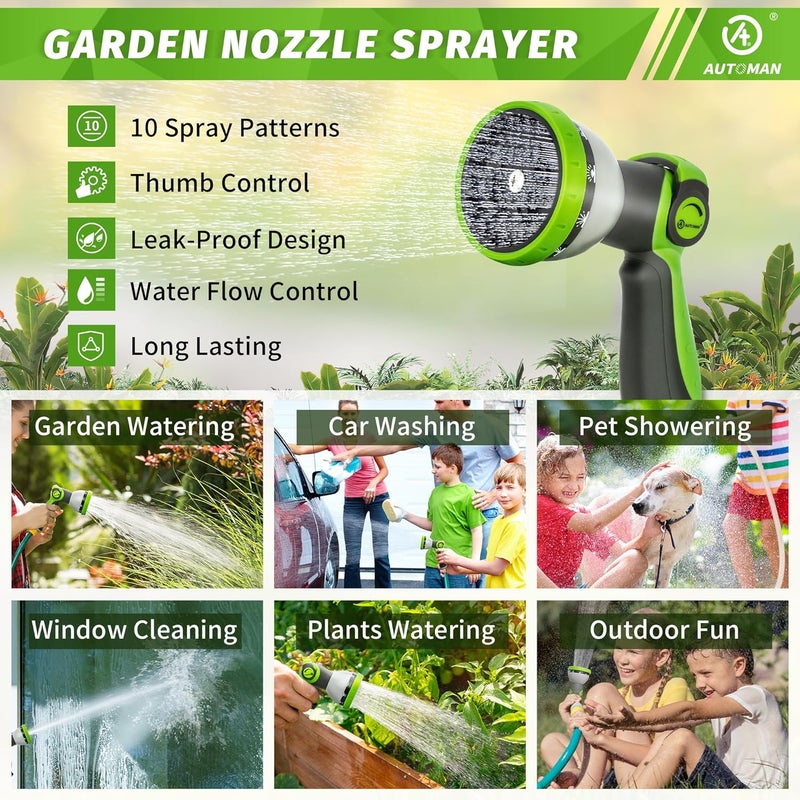 AUTOMAN Garden Hose Nozzle Sprayer - 10 Spray Patterns, Thumb Control On Off Valve, Durable Water Nozzle, Extra 4 Washers, for Watering Garden, Cleaning, Washing Car, Showering Pets Lawngreen - Image 5